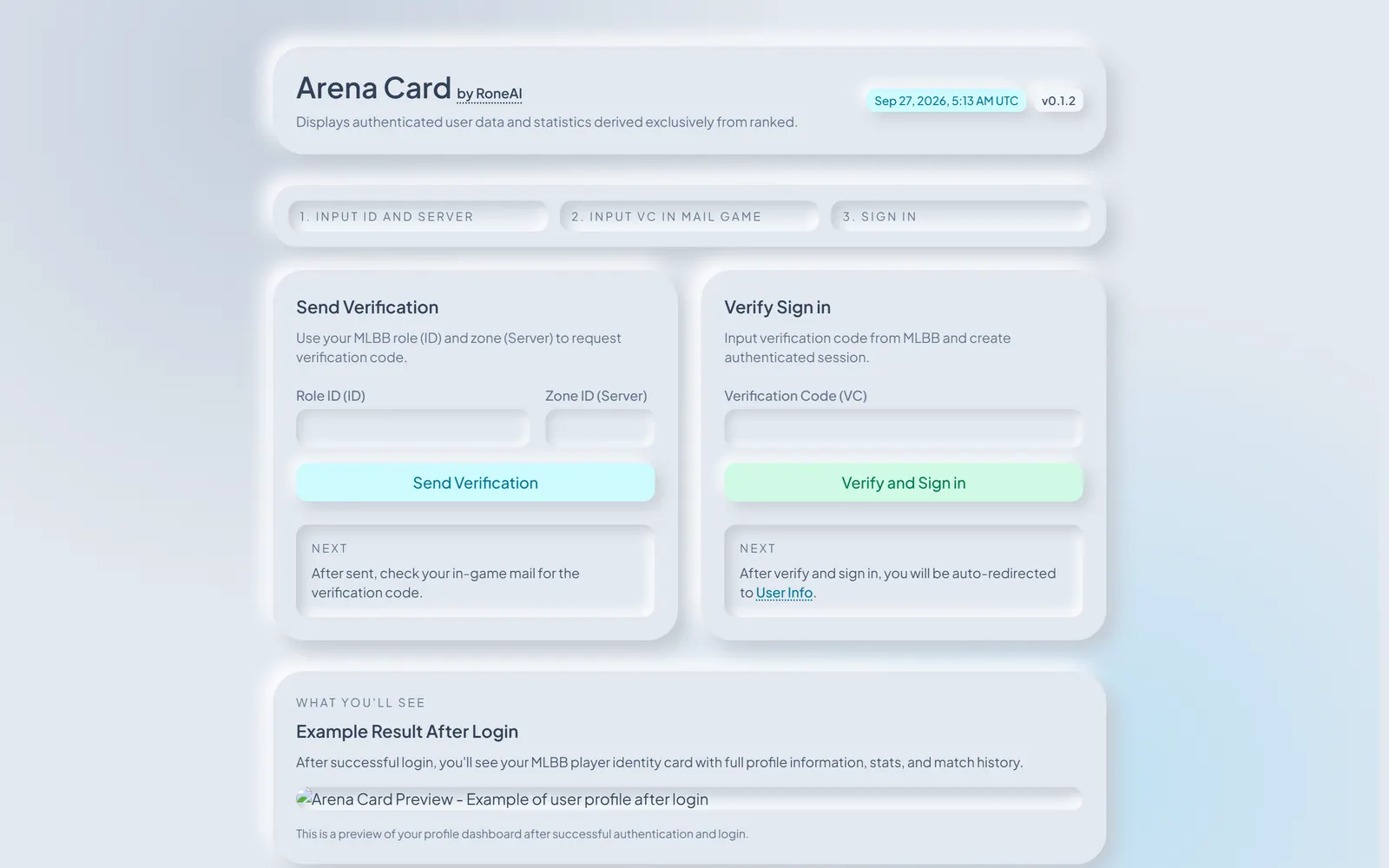 Halaman masuk Arena Card, sebelum akun apa pun terhubung