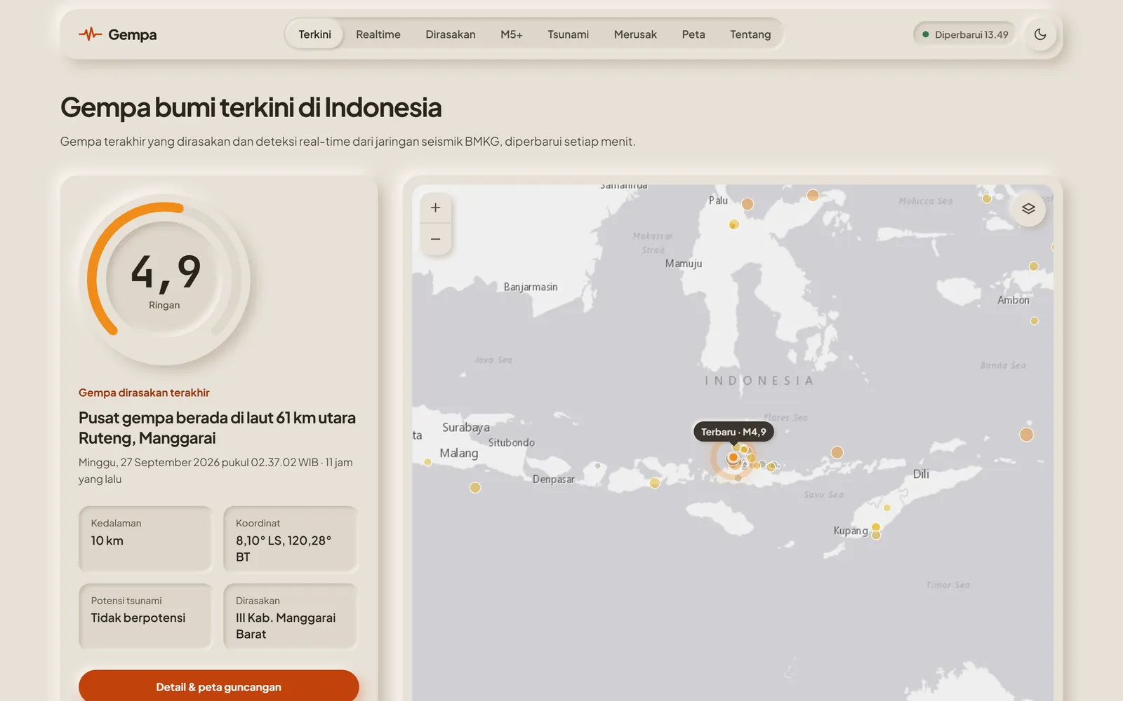 The Gempa home page, with the latest felt earthquake beside a map of recent detections