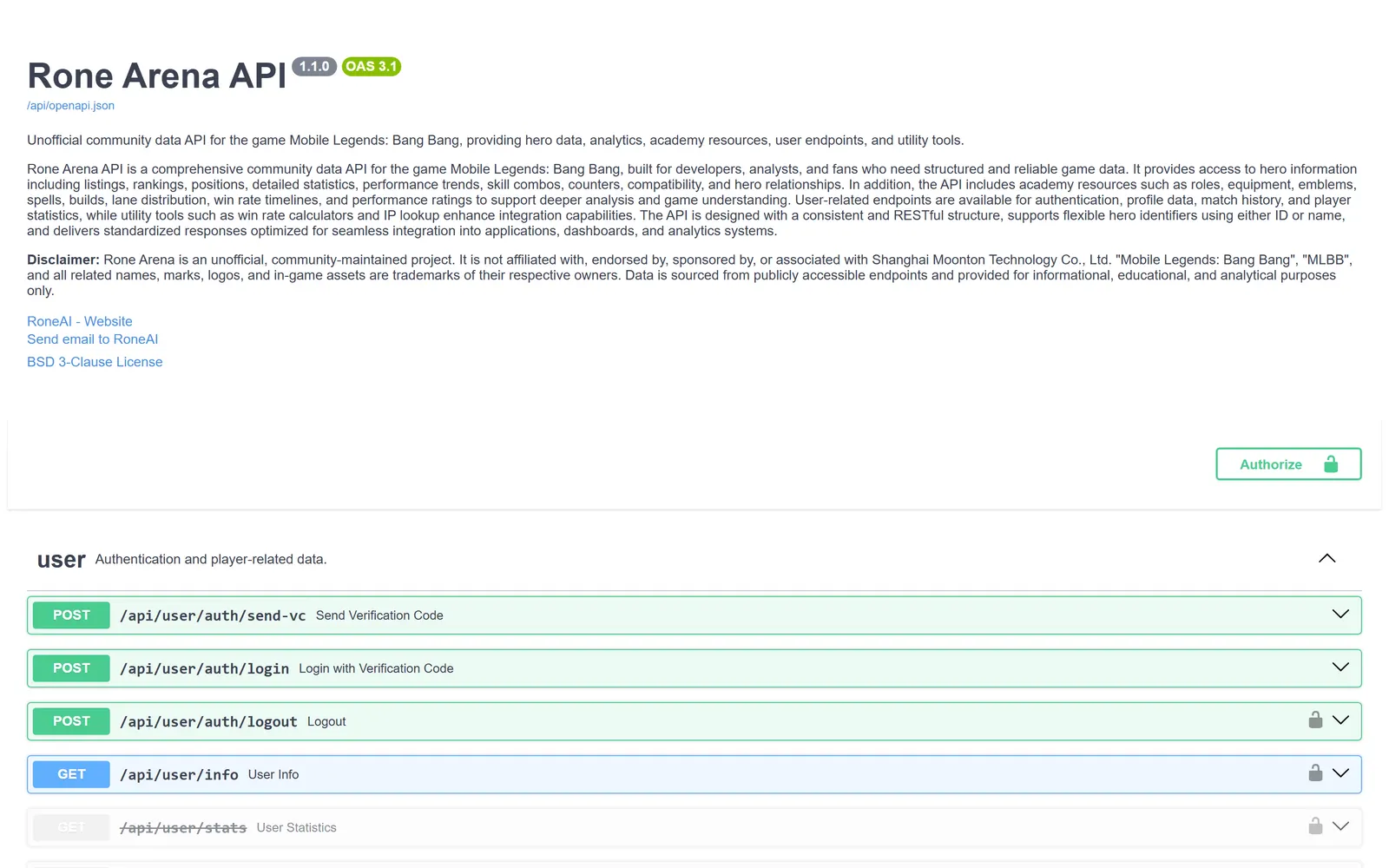 The Rone Arena API reference, rendered from its OpenAPI schema