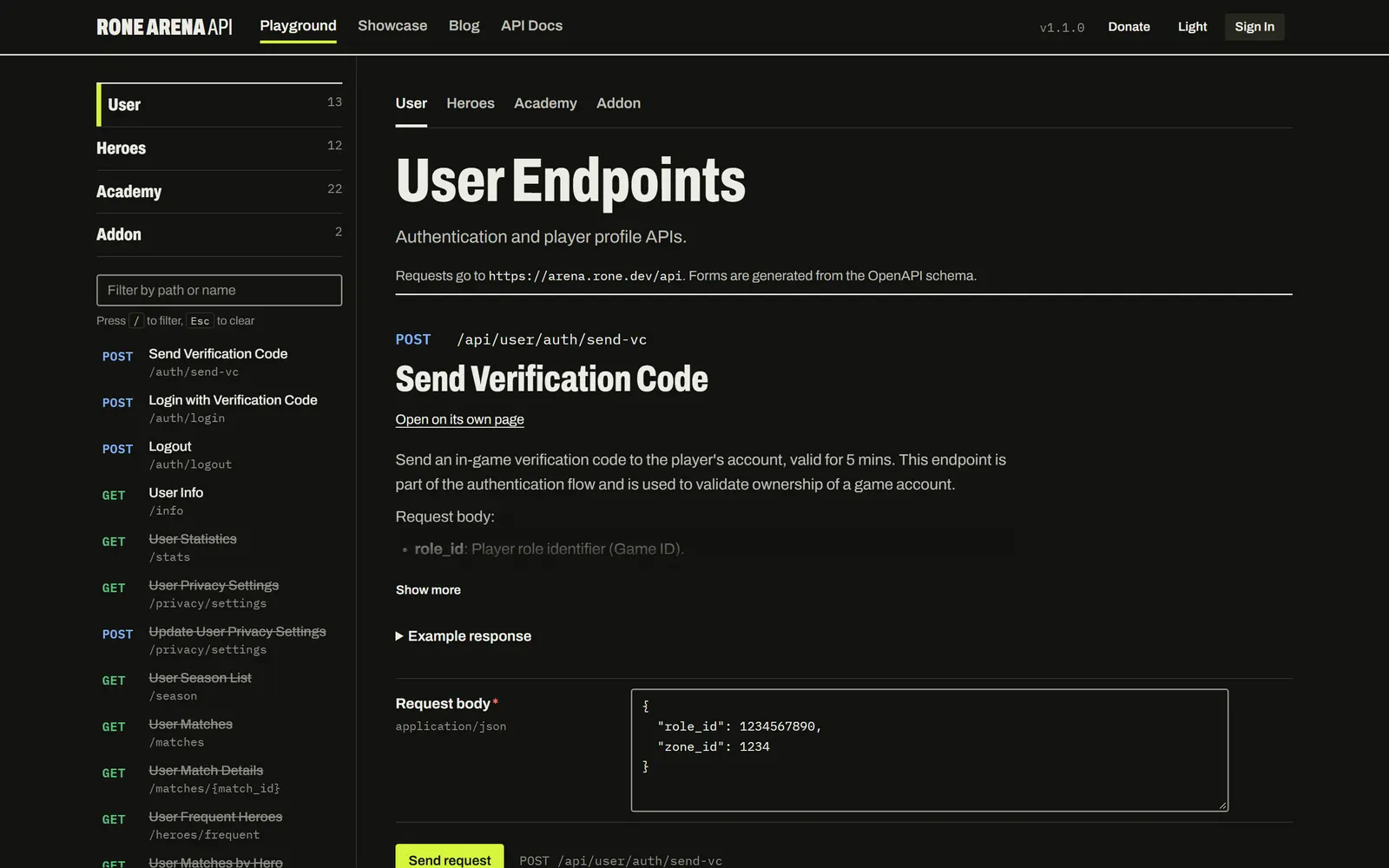 The Rone Arena browser playground, open on the user endpoints