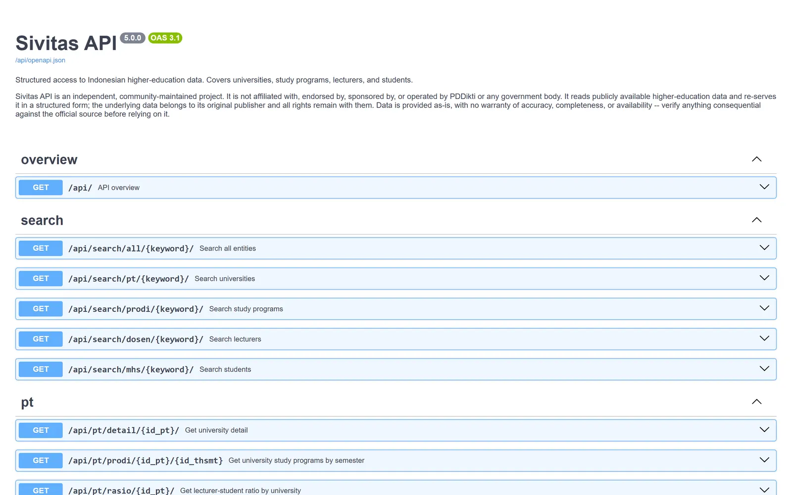 The Sivitas API reference, listing its search endpoints