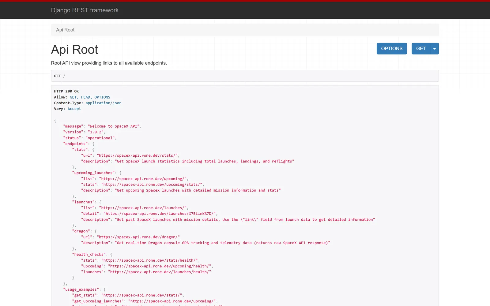 Akar SpaceX API, dengan daftar endpoint-nya